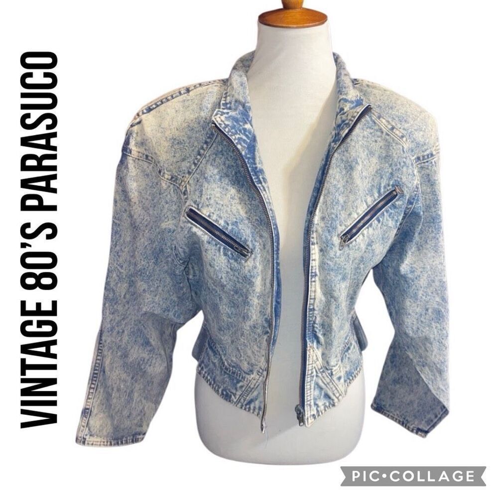 Parasuco RARE Vintage 1980s Acid Wash Cropped Denim Jacket 100% Cotton w/Shoulde